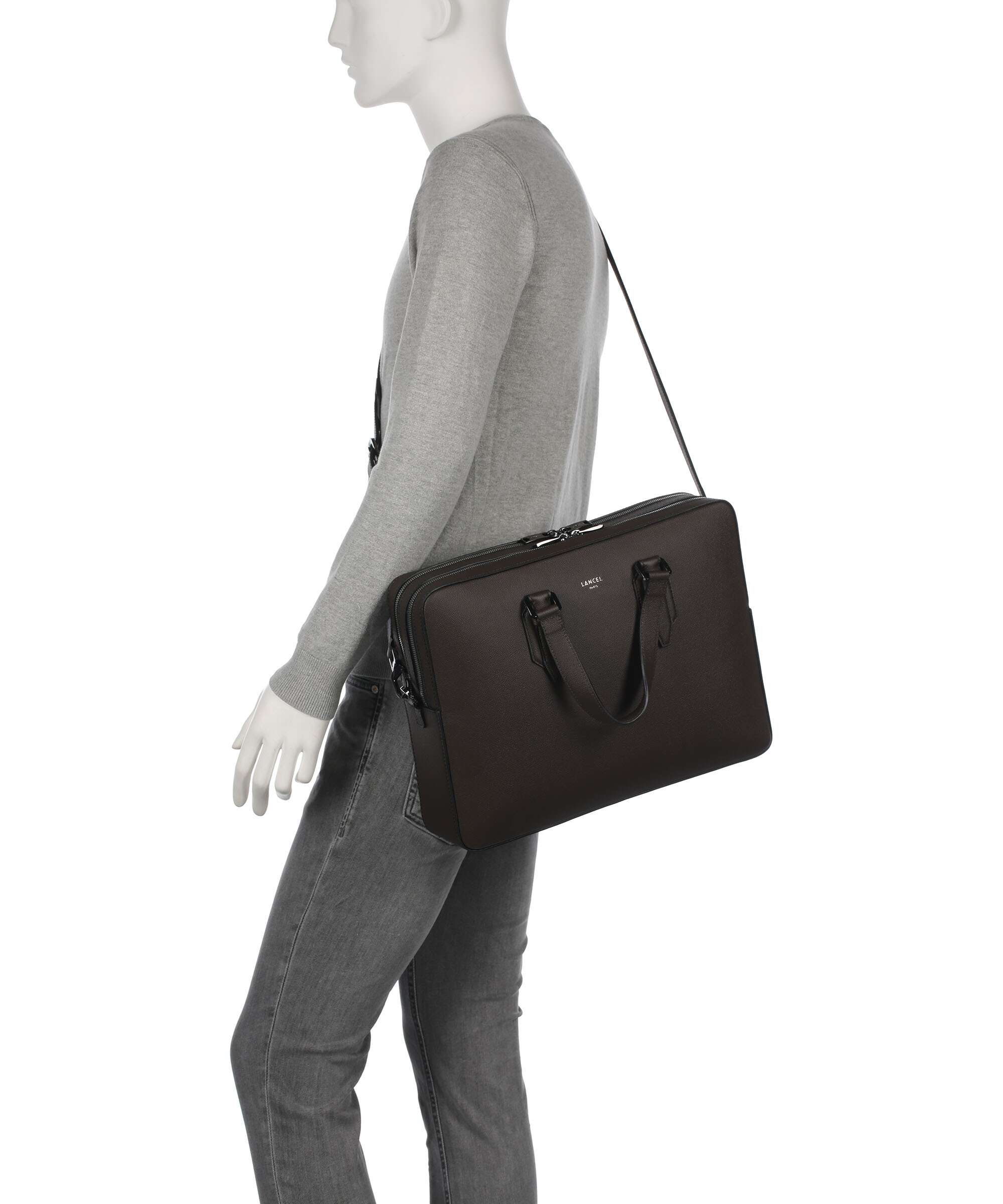 Lancel Charlie Briefcase 15″ grained cow leather macadamia