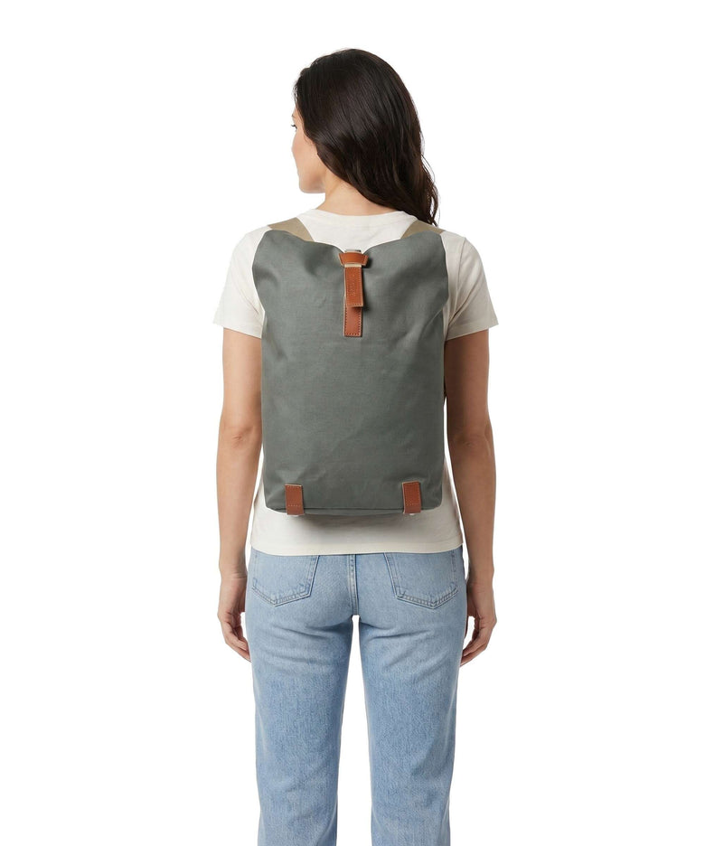 Brooks England Pickwick Cotton Canvas Small Rolltop backpack sage green/honey details