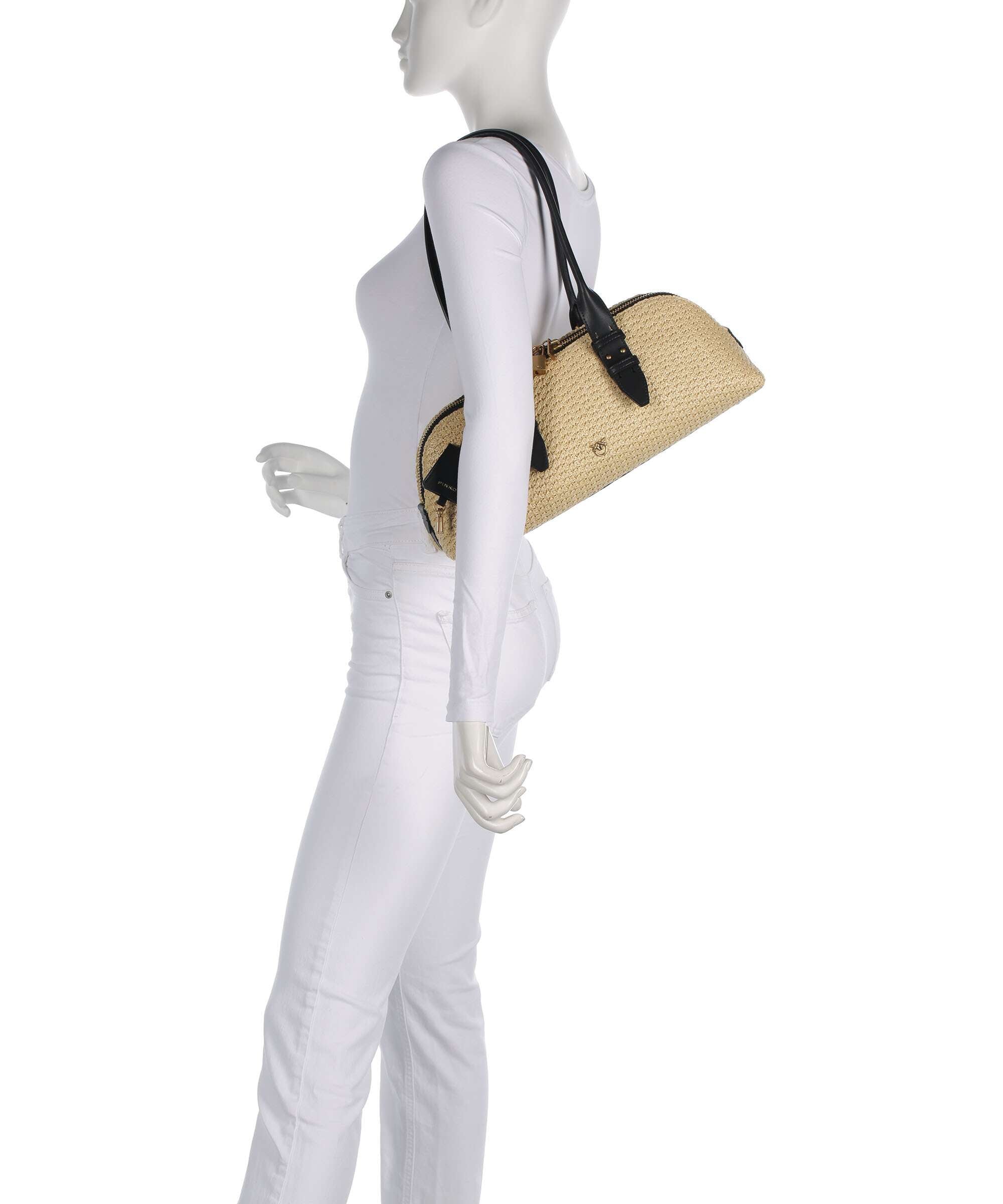 Pinko Bowling Horizontal Big Handbag bast raffia/bianco/antique