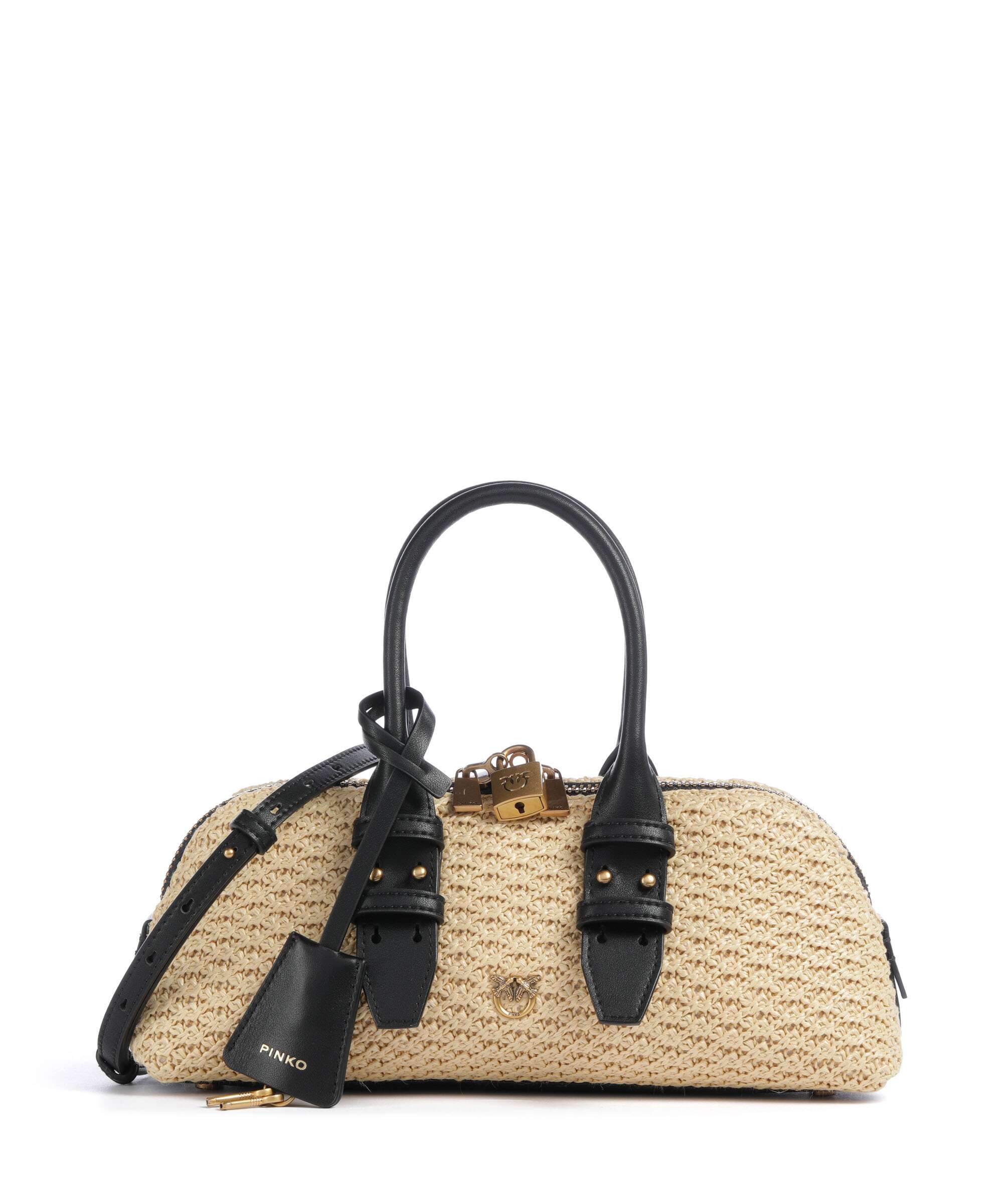 【フォロー割引適用】タグ付きUniqueness PINKO LAELIA2 A Pinko Bowling Horizontal Handbag polypropylene rafia/nero/antique