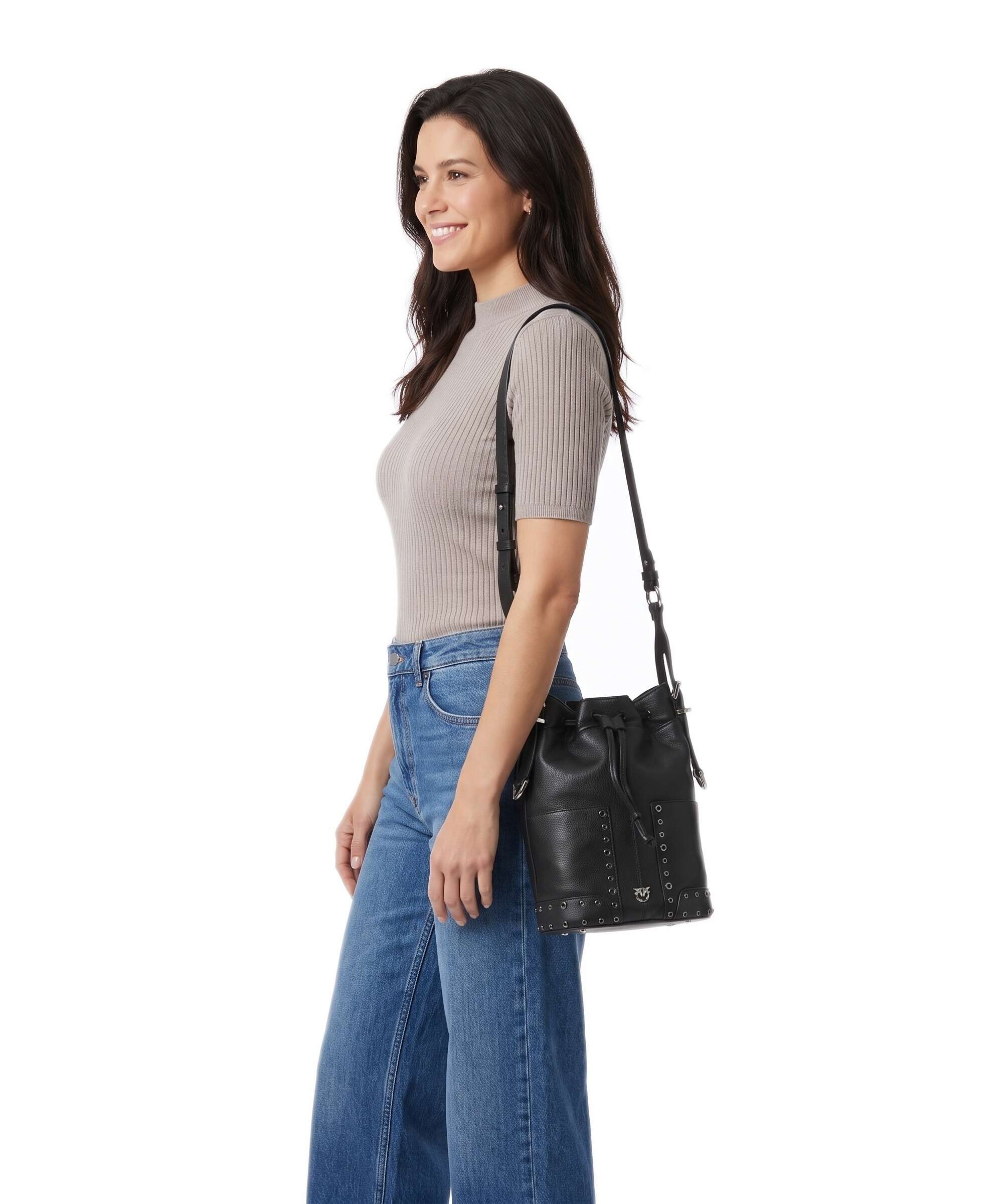 Pinko Mini Bucket bag grained leather nero/limousine/shiny nickel